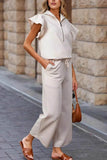 Textured Ruffled Sleeve Zipped Top & Wide Leg Pants Set - EBYNN