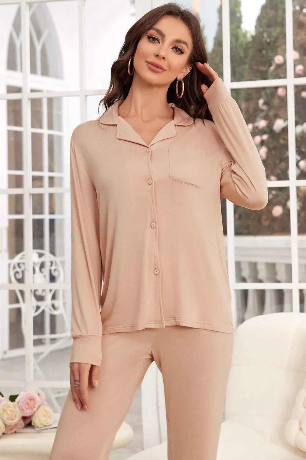 Button Up Long Sleeve Top & Pants Lounge Set.