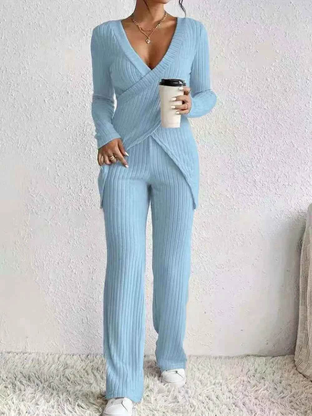 Surplice Long Sleeve Top and Pants Set - EBYNN