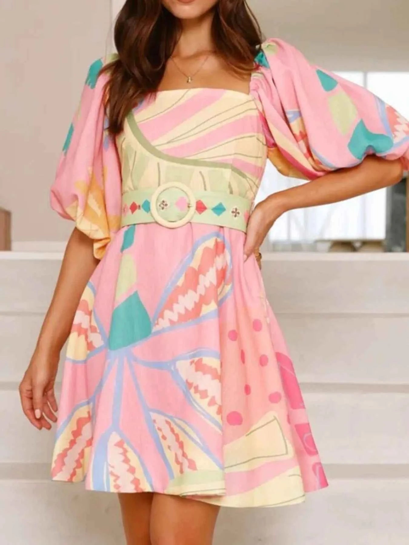 Printed Square Neck Puff Sleeve Dress.