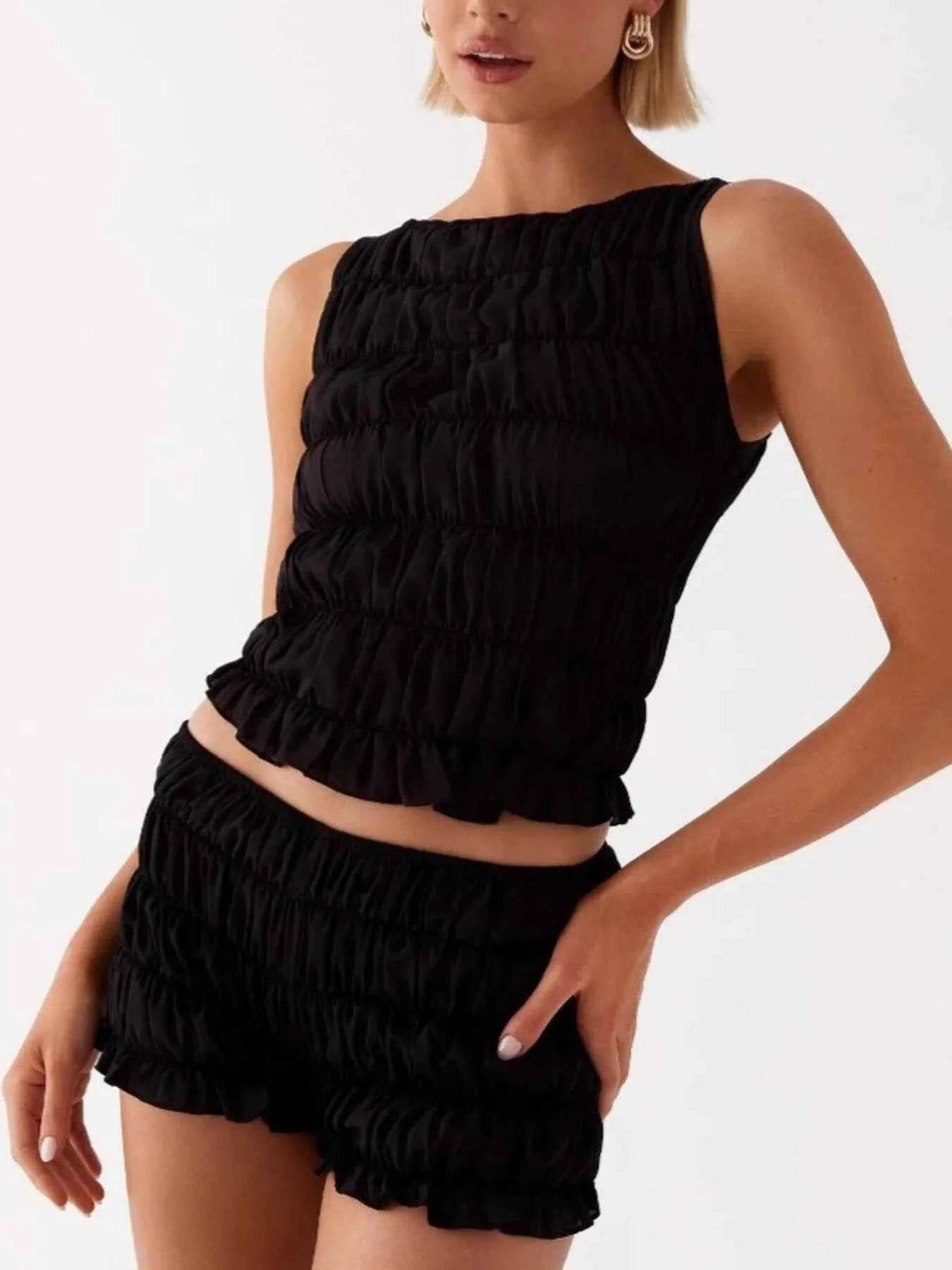 Ruched Texture Tank and Shorts Two-Piece Set - EBYNN