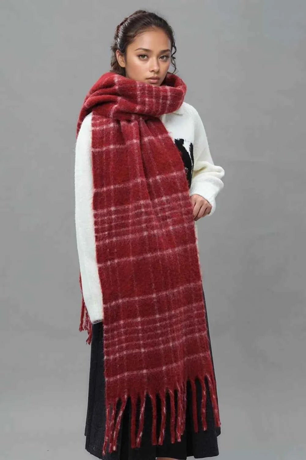 Fringe Plaid Thermal Scarf.