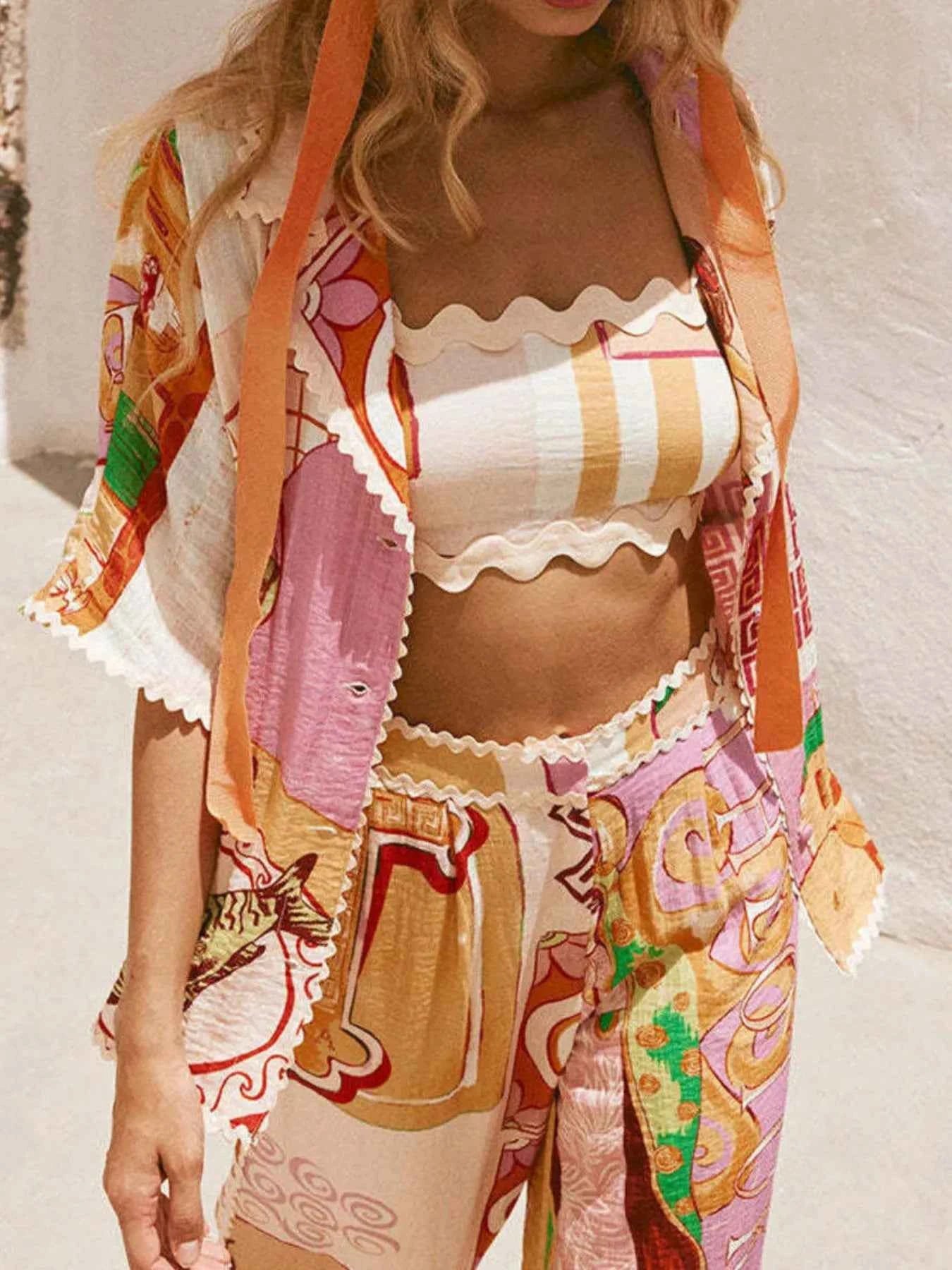 Printed Button-Up Shirt and Shorts Set.