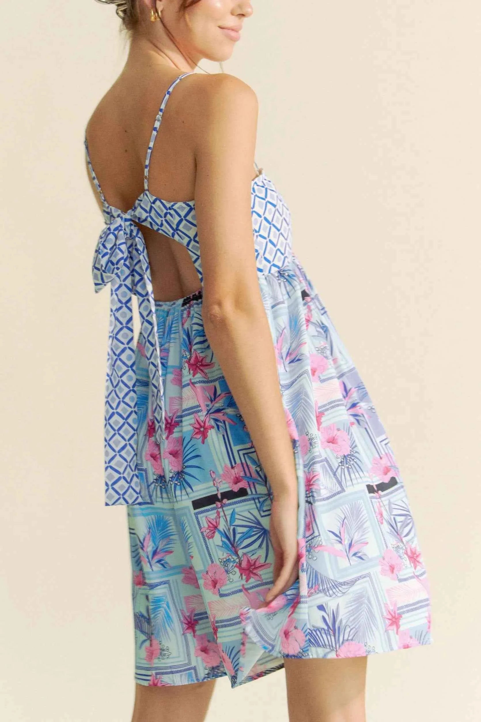 Davi & Dani Tropical Floral Geo Print Tie Back Tube Top Romper.