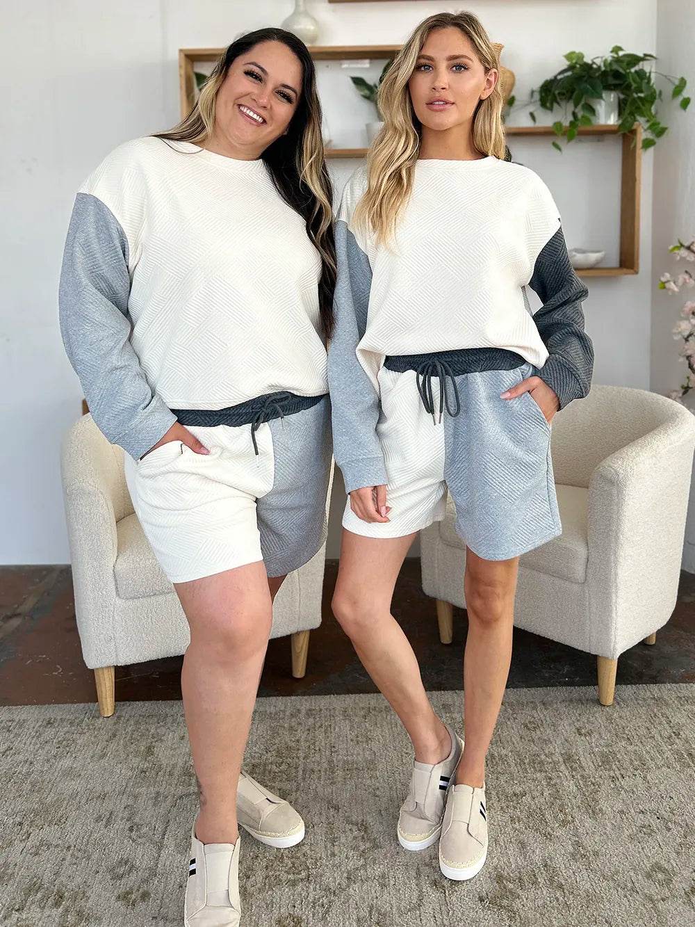 Double Take Contrast Drop Shoulder Set - Full Size Top & Shorts Combo - EBYNN