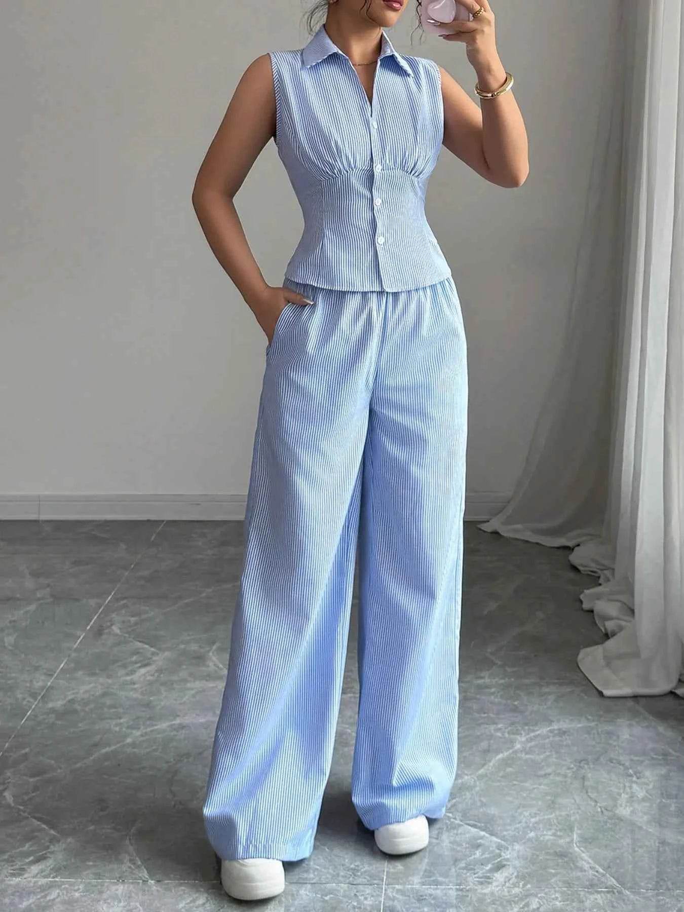 Striped Sleeveless Top and Pants Set - EBYNN