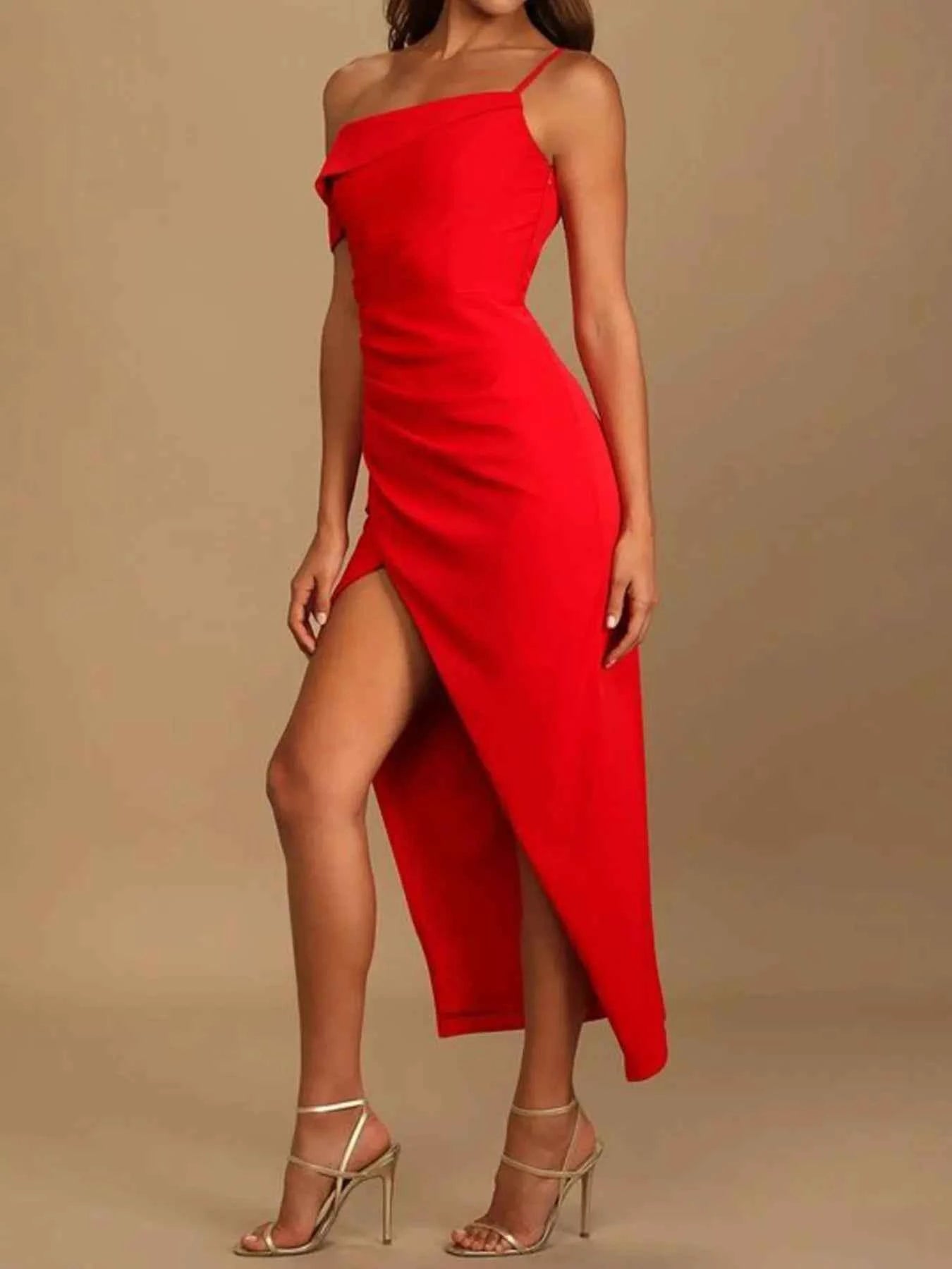 Split Asymmetrical Neck Midi Dress.