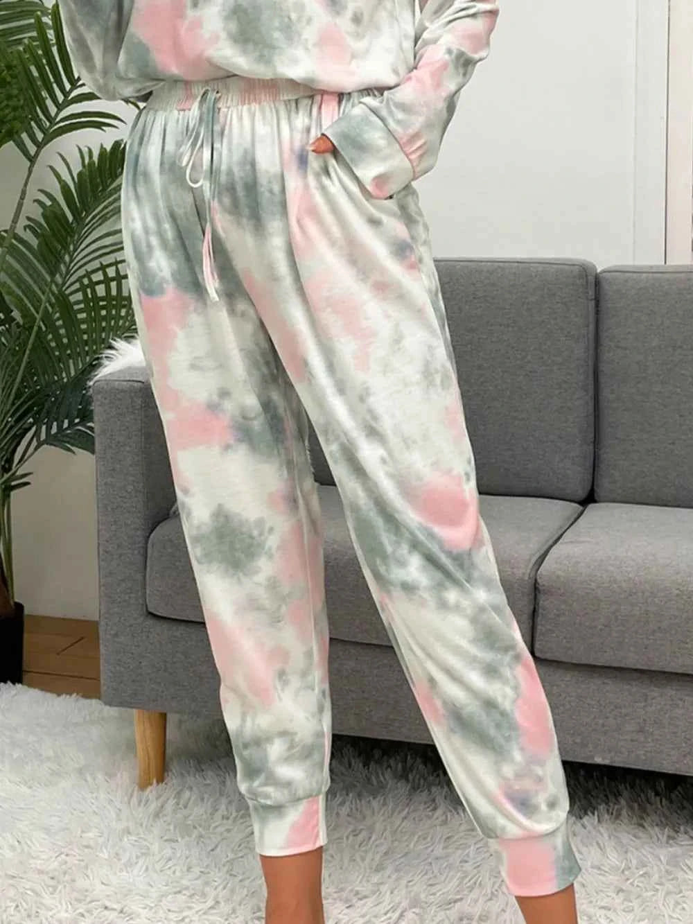Shiny Tie-Dye Round Neck Top & Drawstring Pants Lounge Set.
