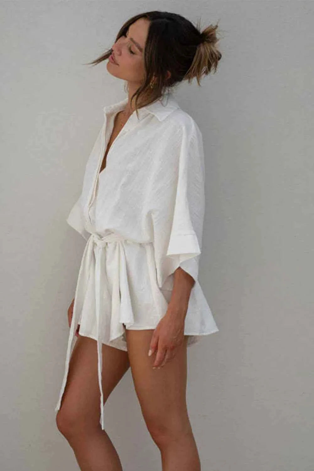 Tied Button Up Collared Neck Cotton Romper.