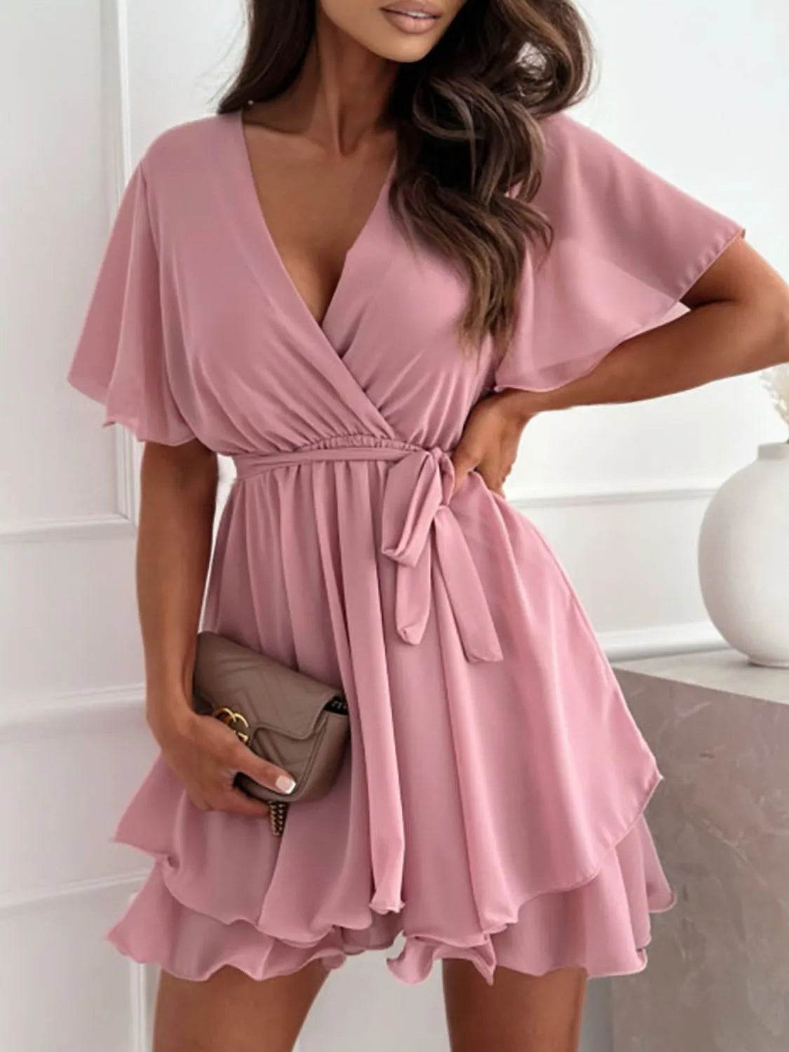 Surplice Flutter Sleeve Mini Dress.