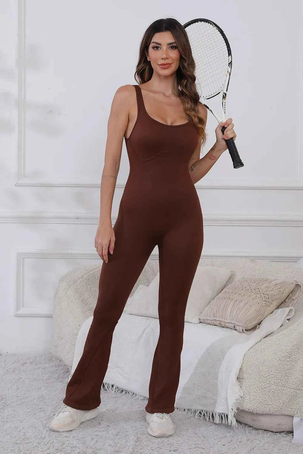 Scoop Neck Wide Strap Active Jumpsuit.