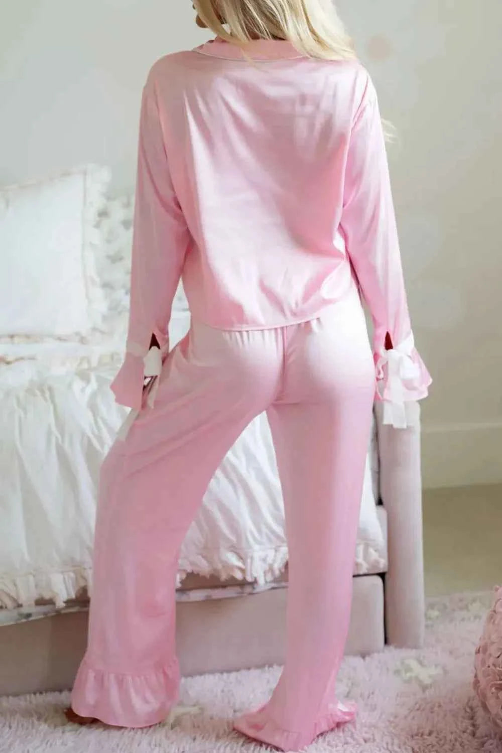 Collared Neck Long Sleeve Top and Pants Lounge Set.
