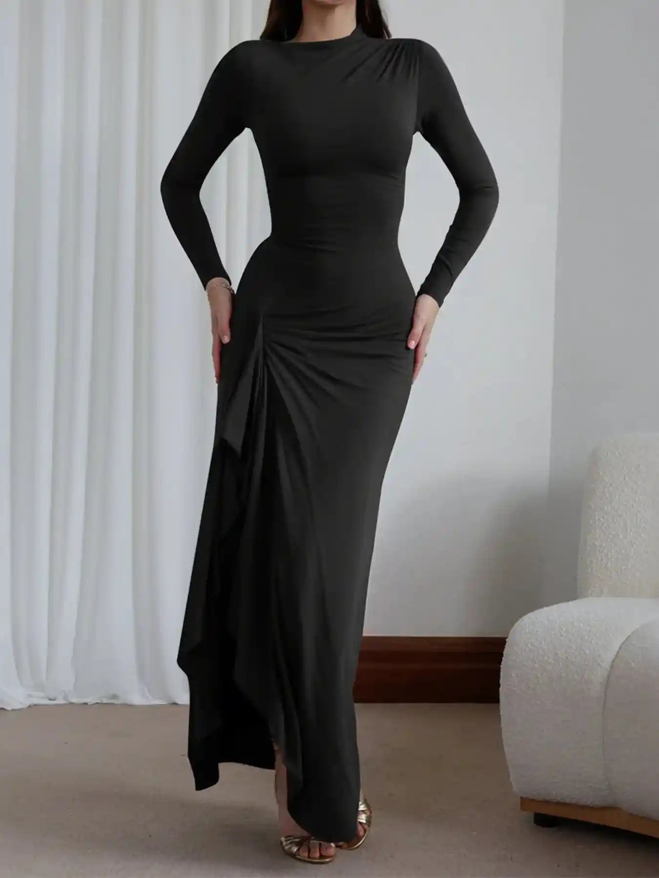 Ruched Long Sleeve Maxi Dress with Slit.