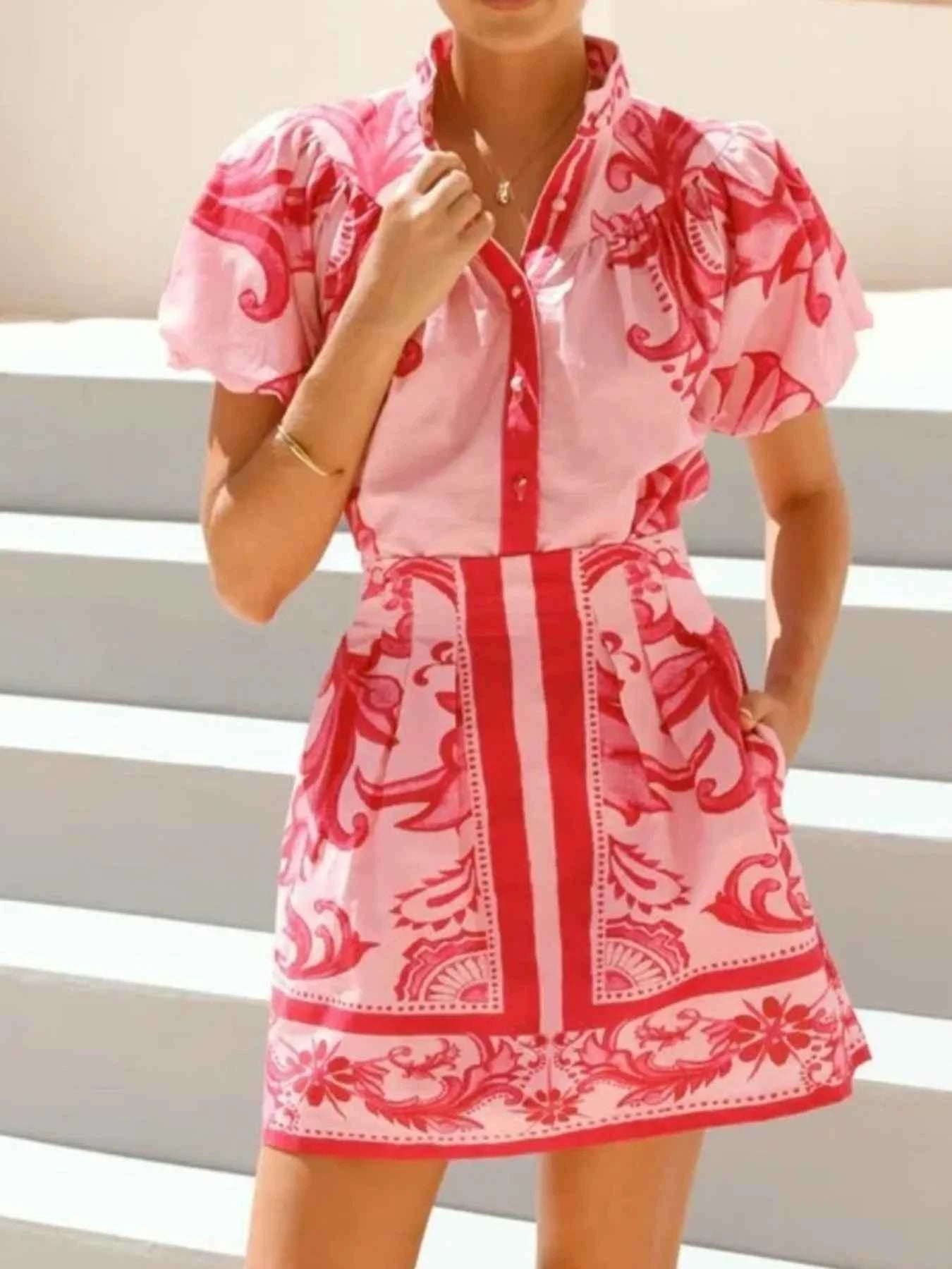 Printed Puff Sleeve Top and Skirt Set.