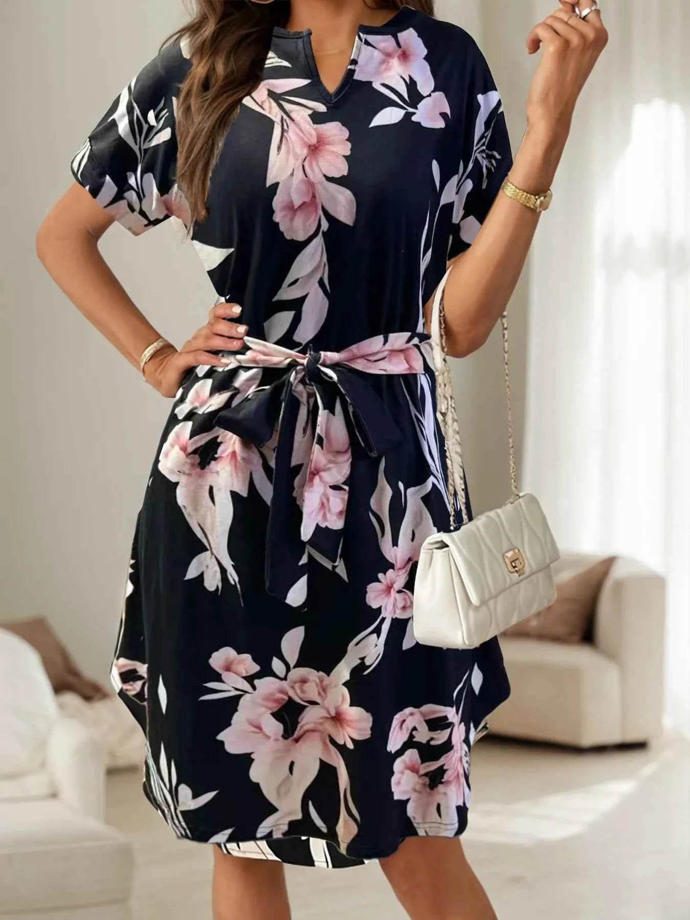 Abstract Print Belted Midi Dress - Short Sleeve.