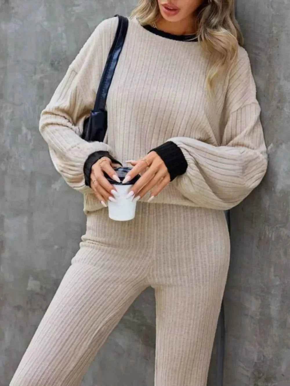 Contrast Round Neck Long Sleeve Top & Bootcut Pants Set.