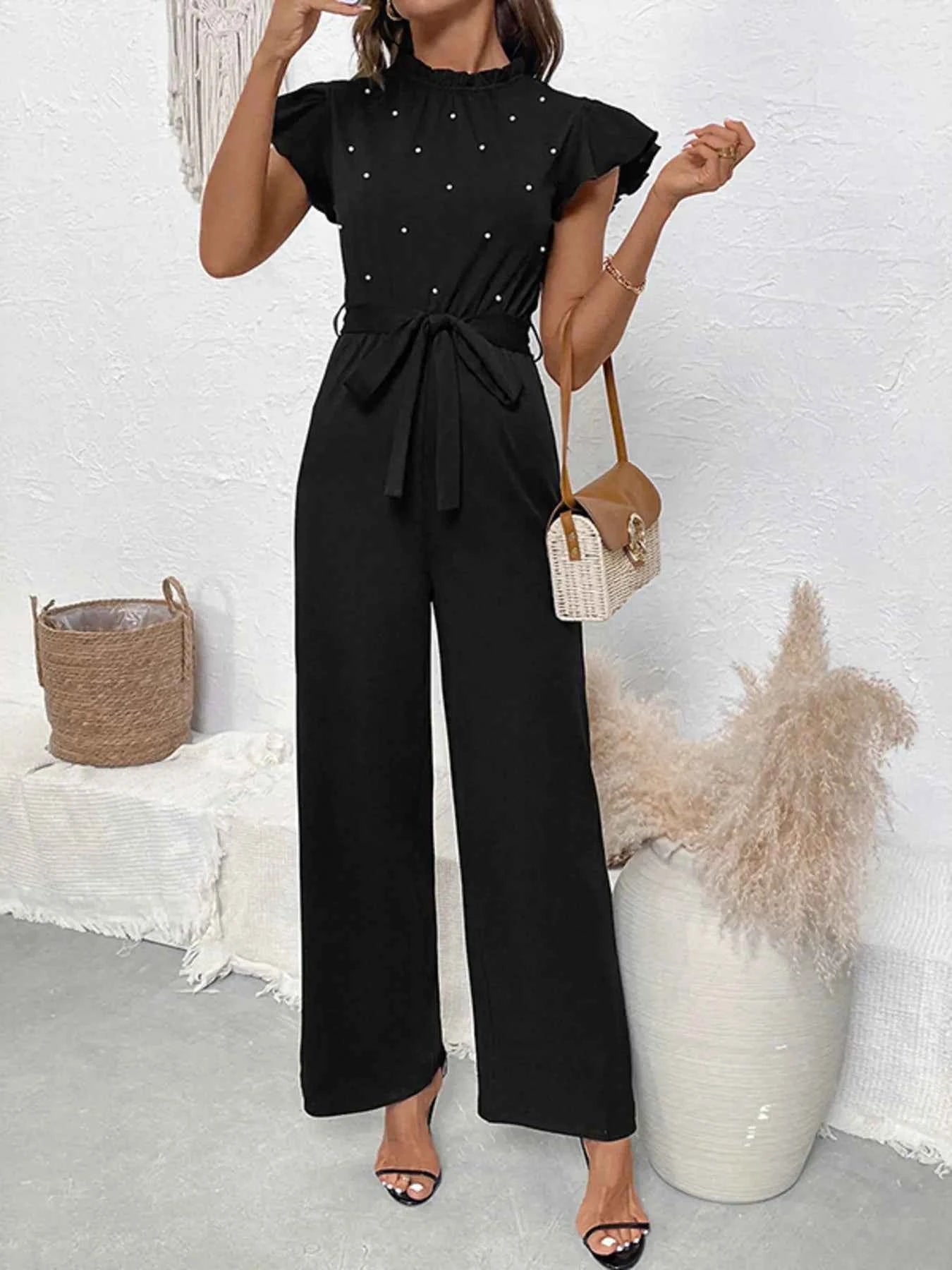 Pearl Detail Ruffled Cap Sleeve Jumpsuit.