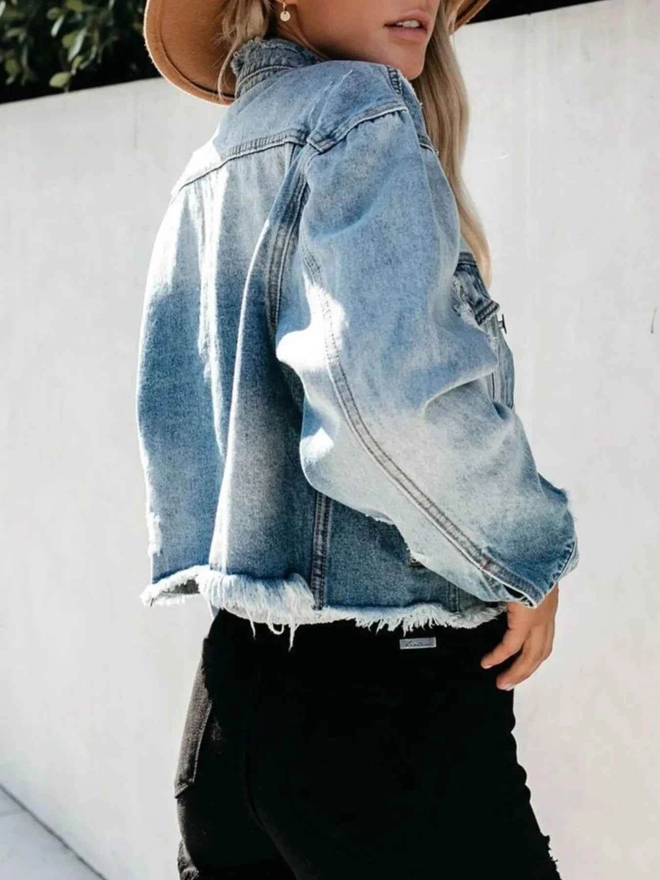 Distressed Raw Hem Denim Jacket.