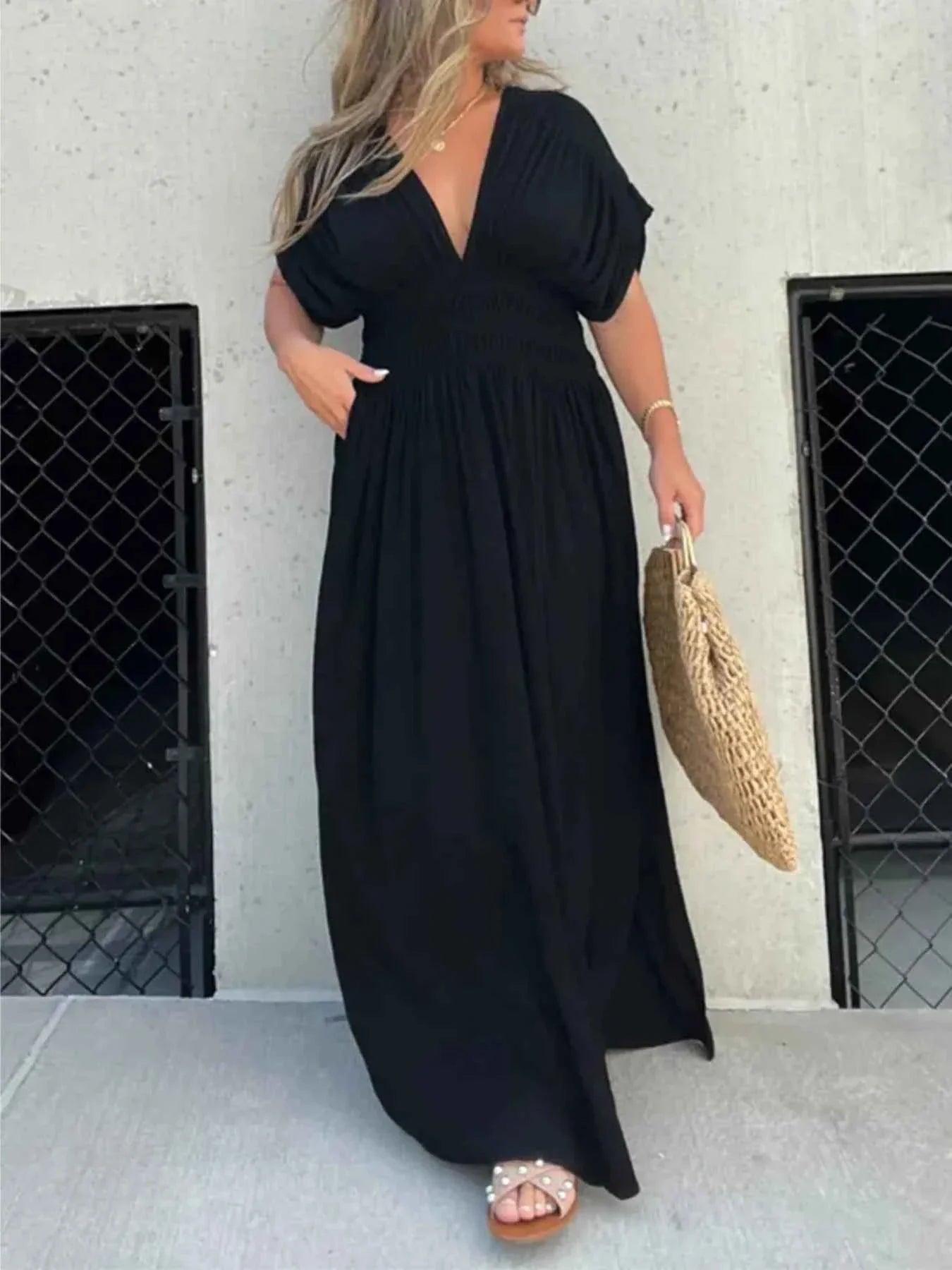 Plus Size Deep V-Neck Maxi Dress with Side Slit.