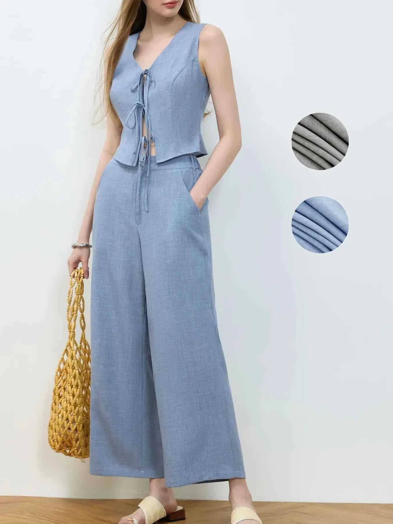 Tie Front Vest and Wide Leg Pants Set.