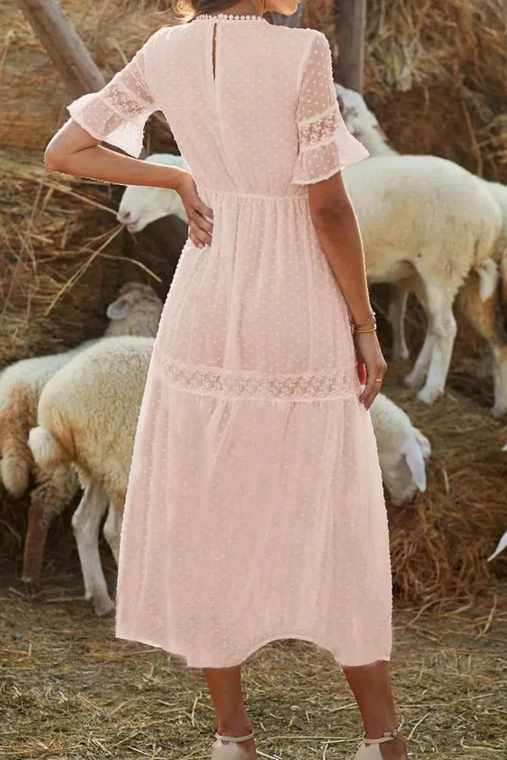 Polka Dot V-Neck Ruffle Midi Dress.