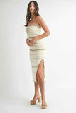 MABLE Contrast Striped Crochet Knit Midi Dress.