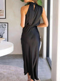 Asymmetrical Ruched Sleeveless Midi Dress.