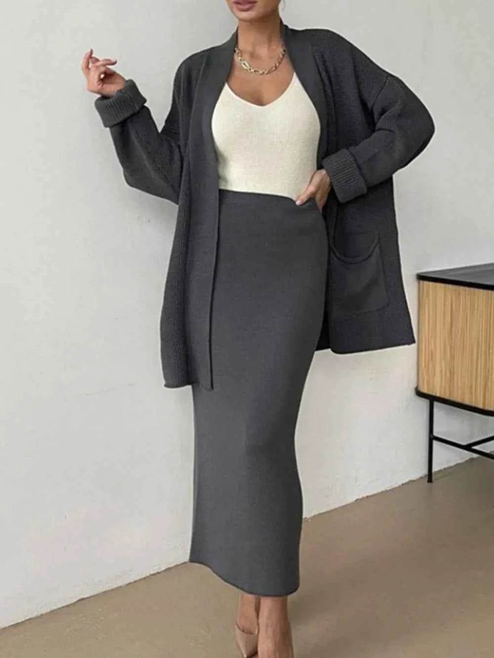 Pocketed Long Sleeve Cardigan and Skirt Sweater Set.