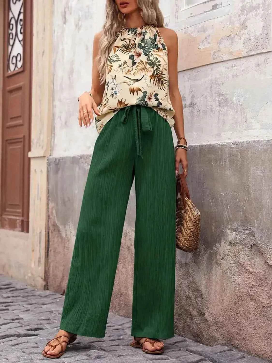 Printed Tank Top and Wide Leg Pants Set for Effortless Style - EBYNN