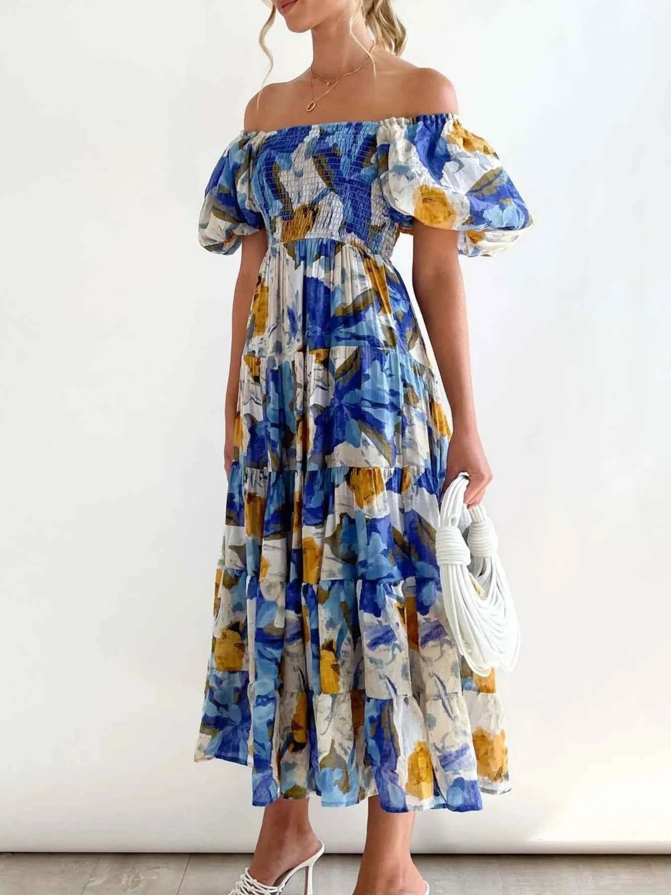 Floral Smocked Puff Sleeve Tiered Dress.