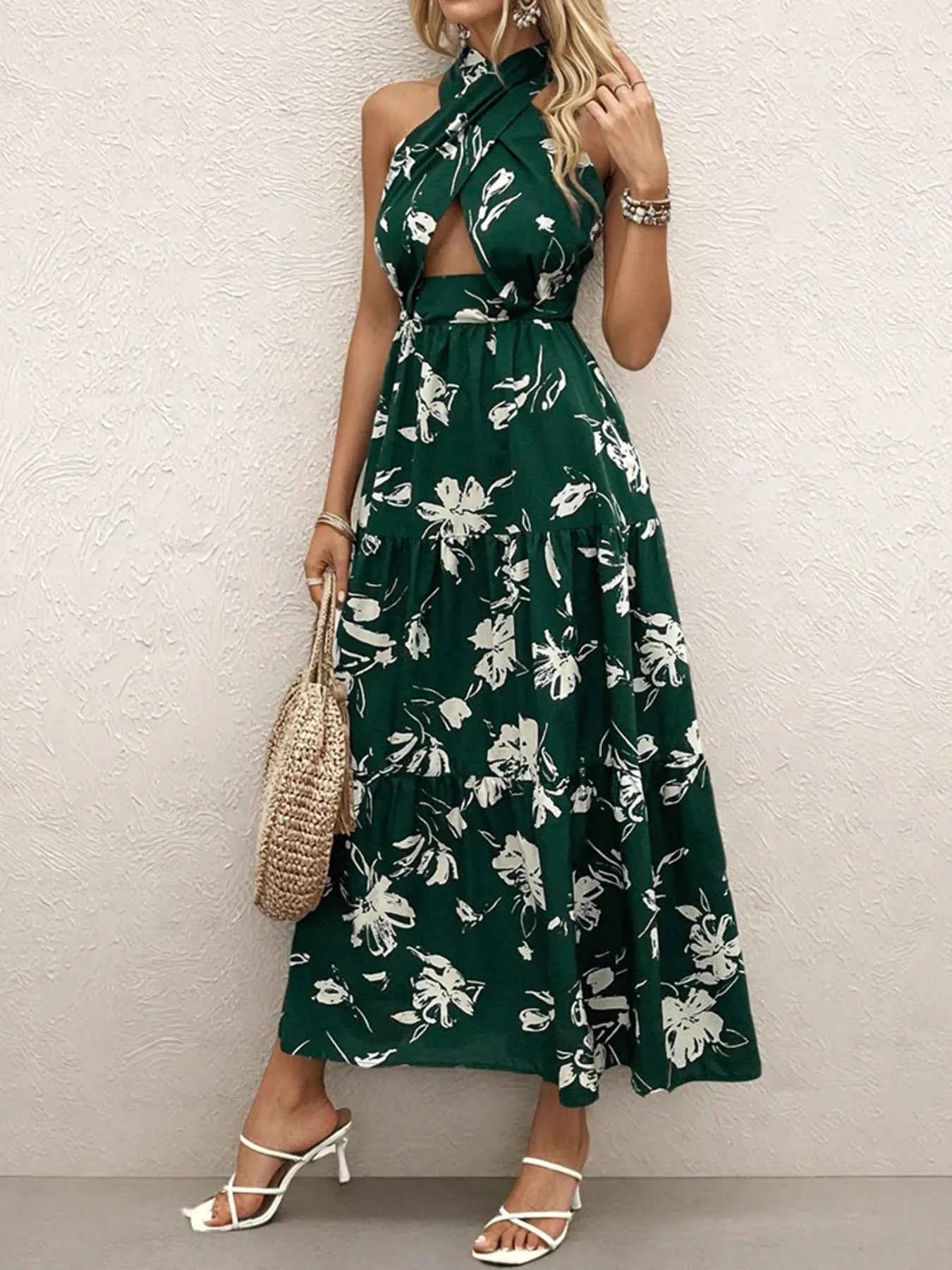 Printed Halter Neck Cutout Dress.