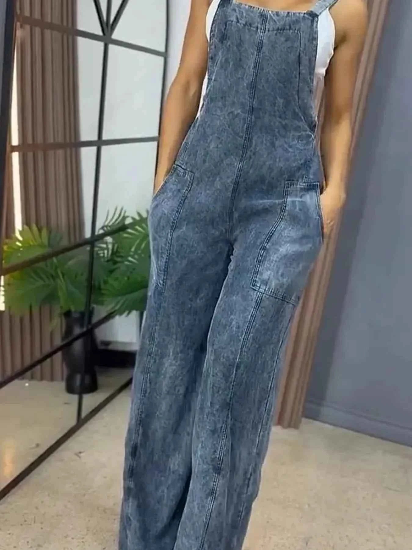 Plus Size Wide Leg Washed Denim Overalls.