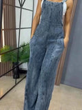Plus Size Wide Leg Washed Denim Overalls.