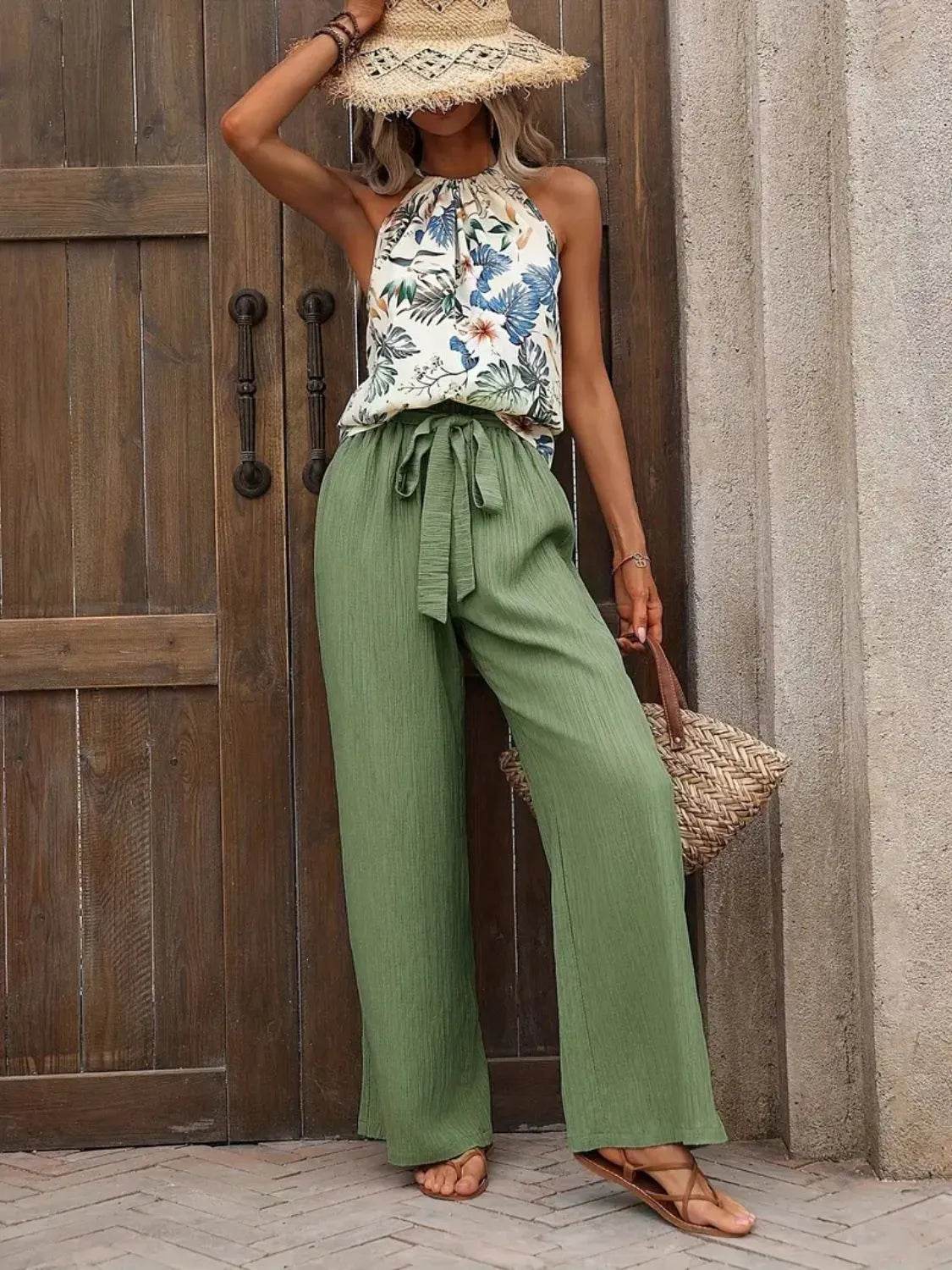 Printed Tank Top and Wide Leg Pants Set for Effortless Style - EBYNN