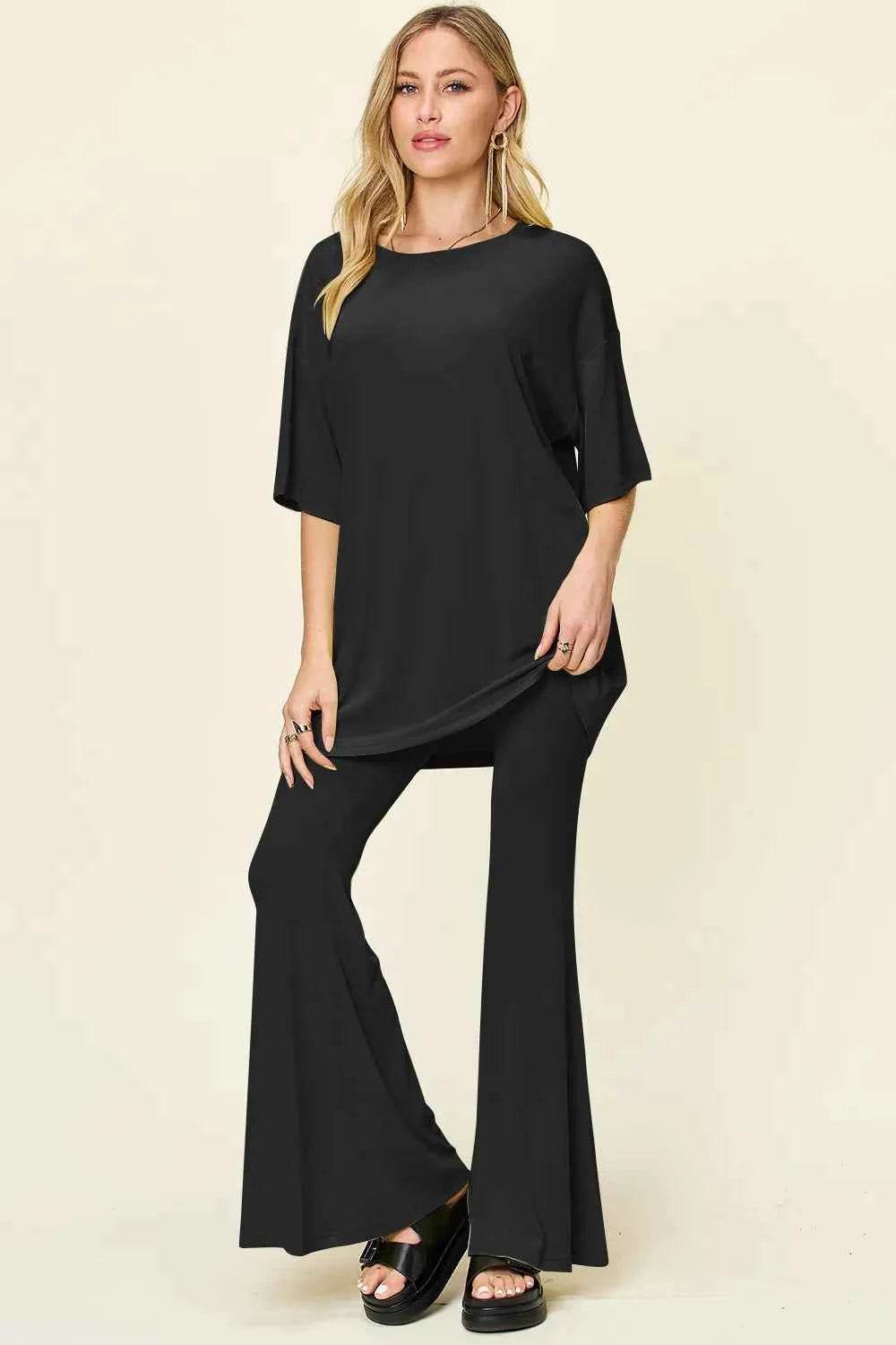 Double Take T-Shirt and Pants Set: Full Size Round Neck Drop Shoulder Style with Flare Pants - EBYNN