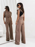 Slit Ruched Top and Wide Leg Pants Set - EBYNN