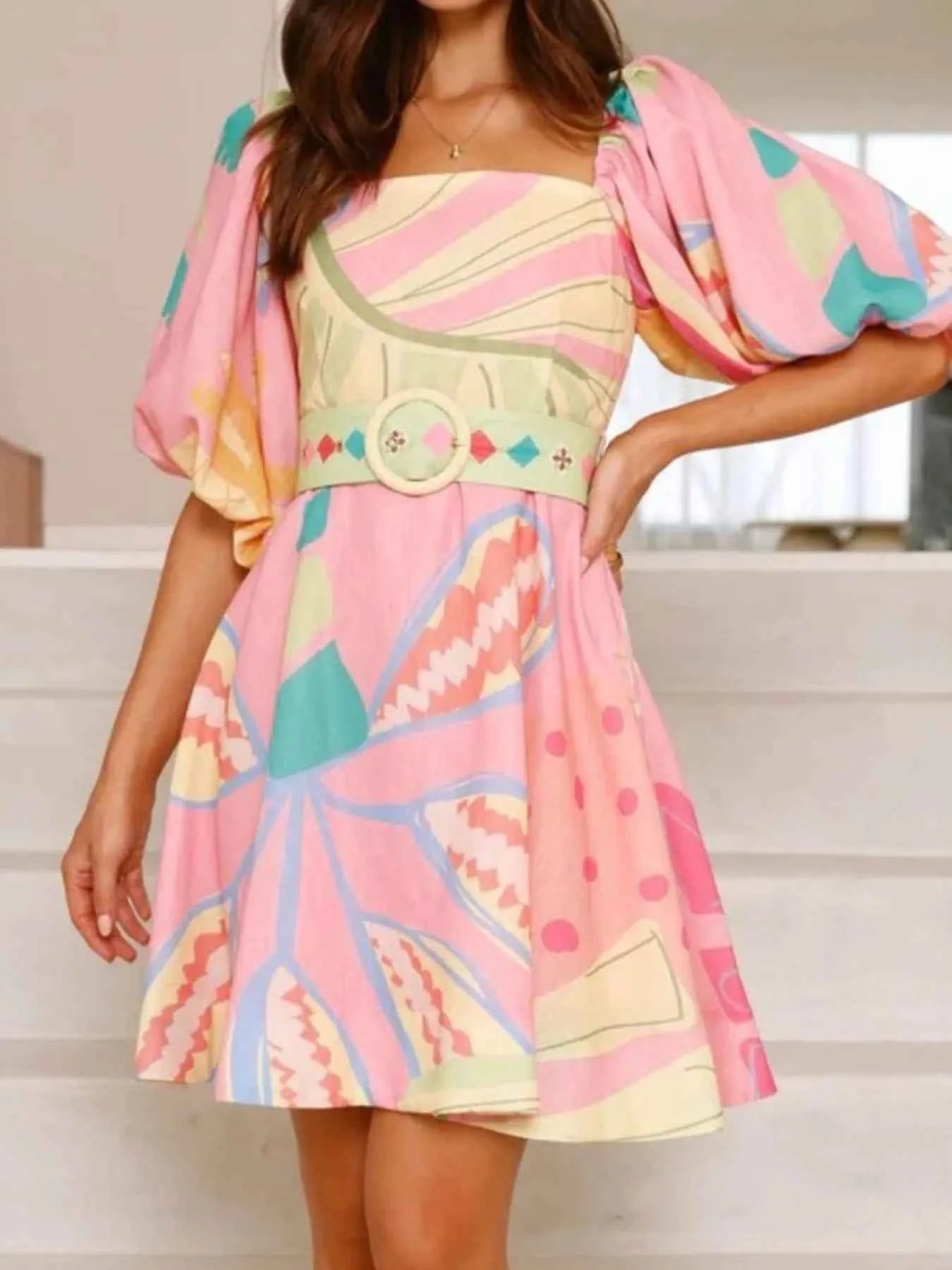 Colorful Print Belted Mini Dress with Puff Sleeves.