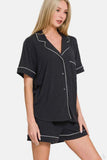 Zenana Short Sleeve Button Down Top and Shorts Lounge Set.