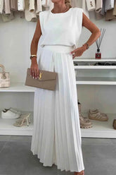 Round Neck Top and Pleated Pants Set - EBYNN