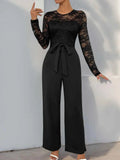 Perfee Lace Round Neck Long Sleeve Jumpsuit.