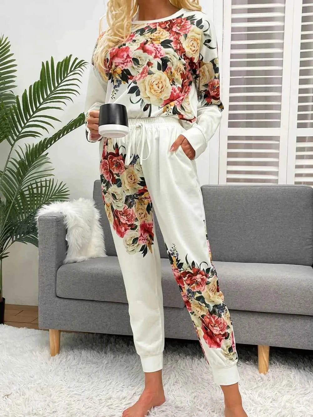 Shiny Printed Round Neck Top and Pants Lounge Set.