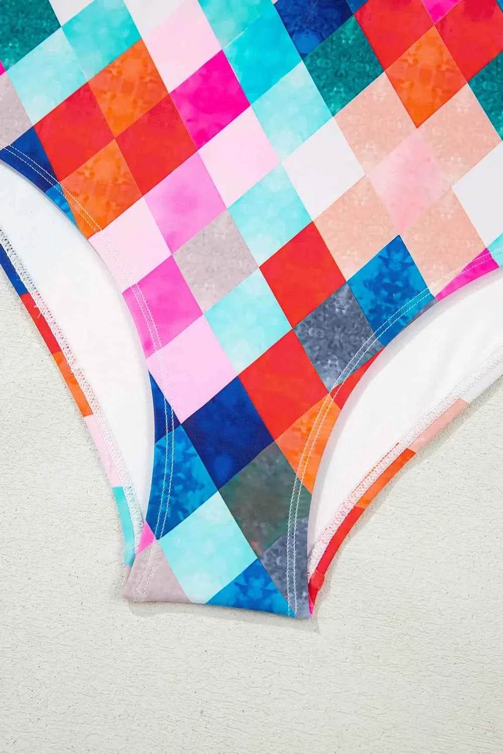 Multicolor Plaid Print Backless One-Piece Swimwear.