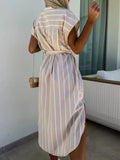 Striped Tie Waist Short Sleeve Dress.