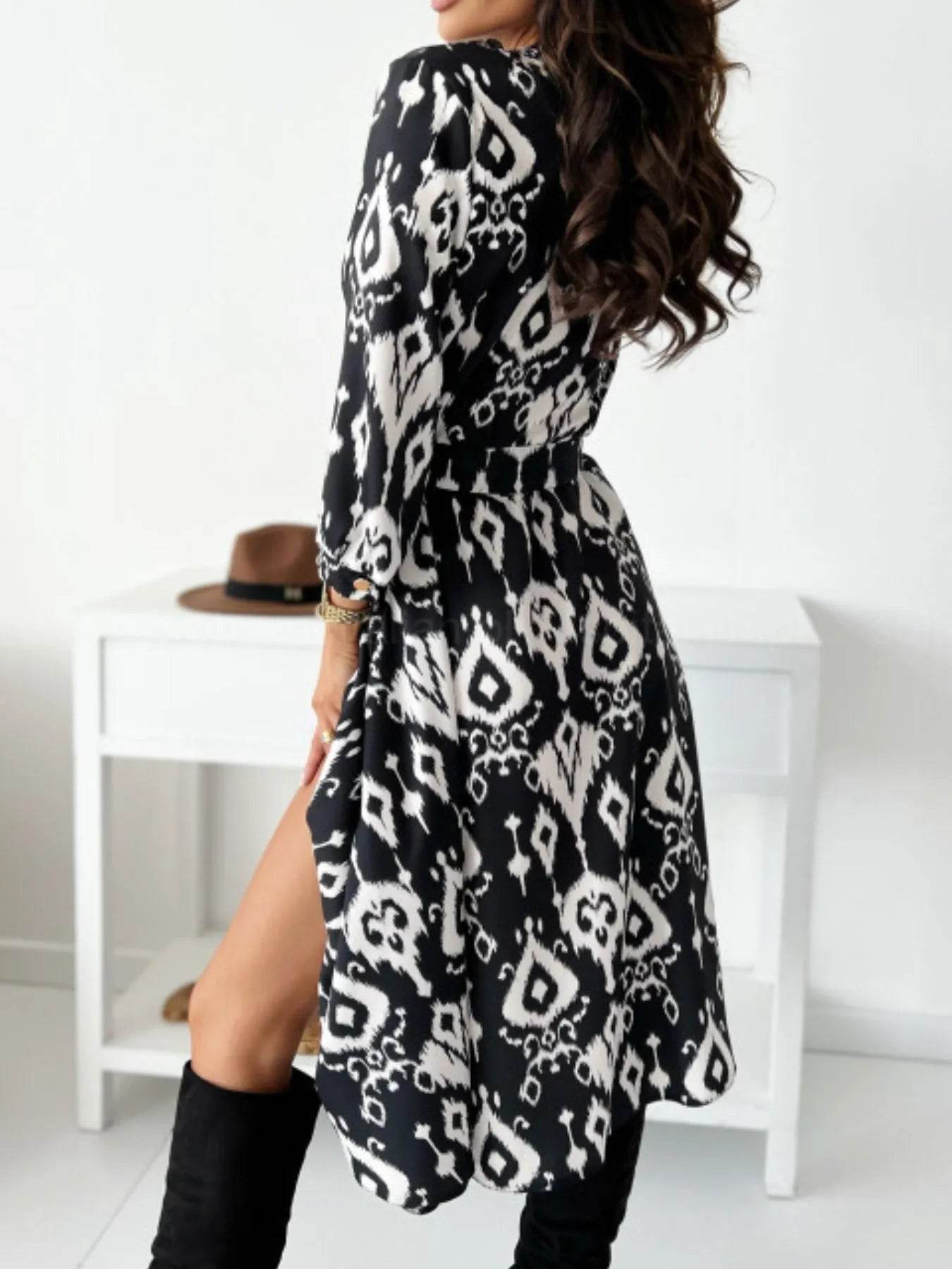 Printed Tie Waist Midi Dress - EBYNN