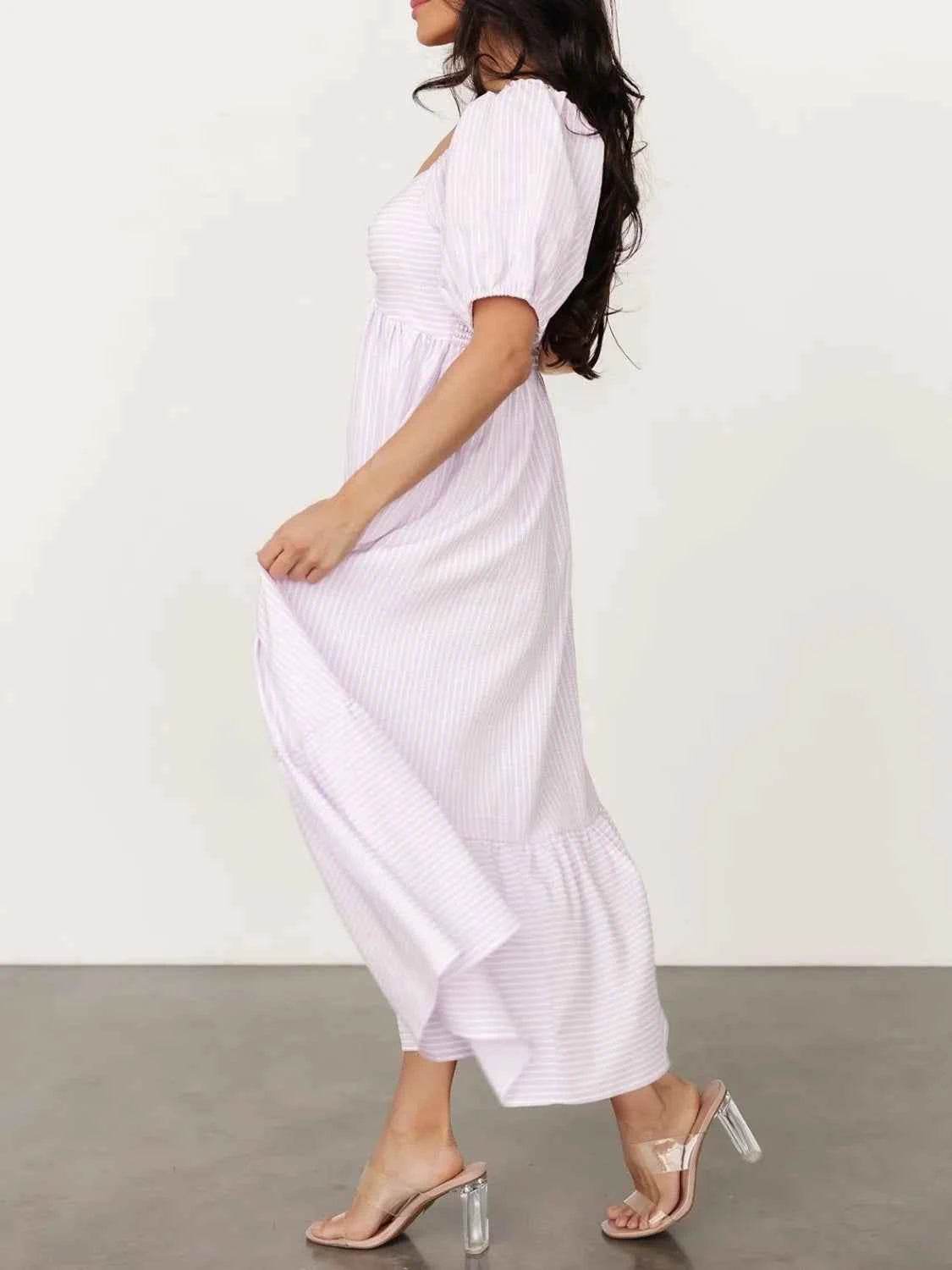 Striped Sweetheart Neck Puff Sleeve Midi Dress.