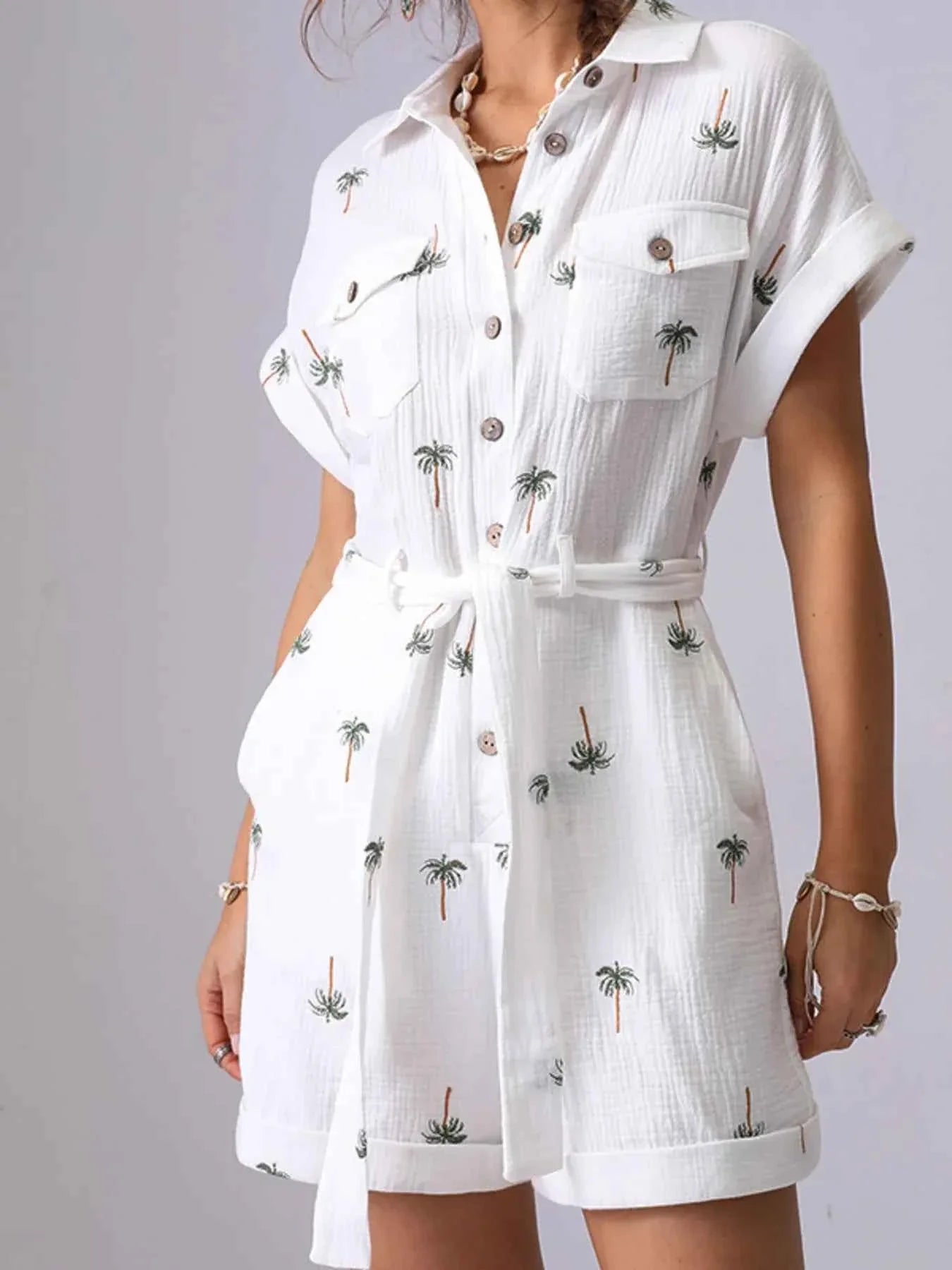 Palm Tree Print Short Sleeve Button-Up Romper with Belt.