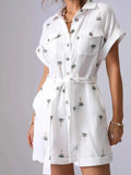 Palm Tree Print Short Sleeve Button-Up Romper with Belt.