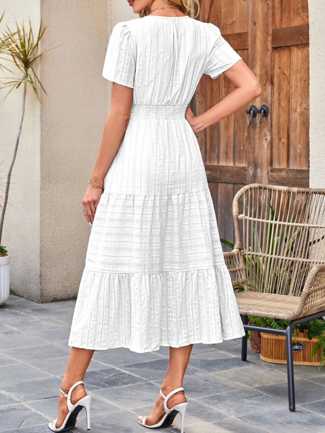 Tiered Notched Short Sleeve Dress.