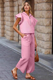 Textured Ruffled Sleeve Zipped Top & Wide Leg Pants Set - EBYNN