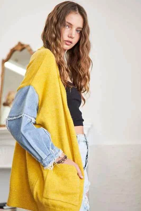 ADORA Plus Size Frayed Denim Sleeve Sweater Cardigan.
